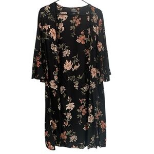 Angie Black Floral 3/4 Sleeve Long Duster Cape Wrap Open No Button M Medium Fall